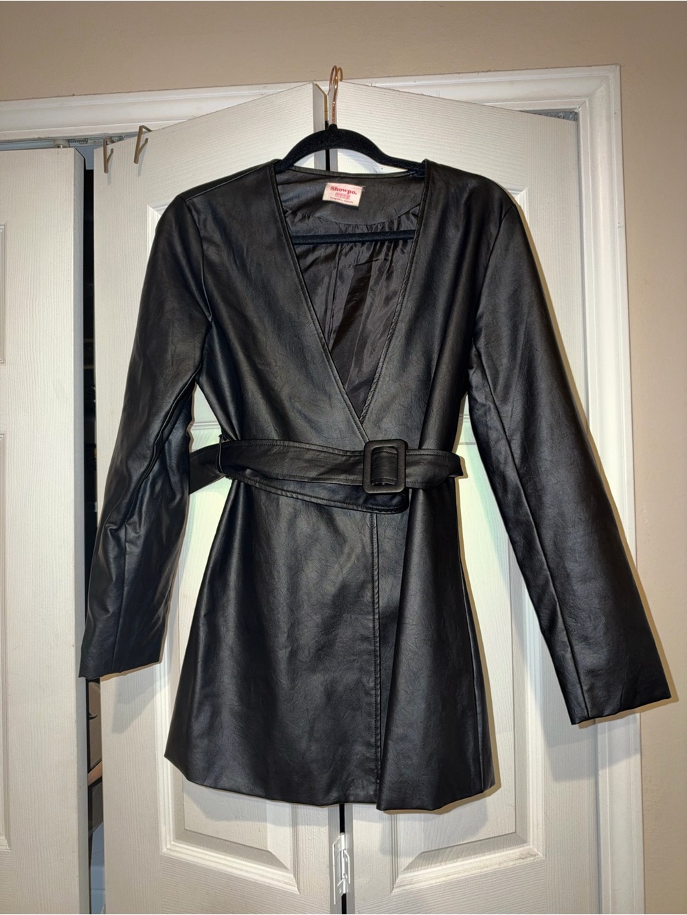 Showpo Black Faux Leather Belted Wrap Jacket